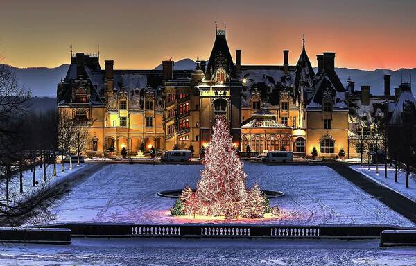 Holidays At Biltmore House Art Print featuring the photograph Biltmore Christmas Night All Covered In Snow by Carol Montoya