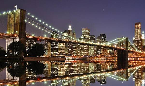 Suspension Bridge Art Print featuring the photograph Brooklyn Bridge At Night by Sean Pavone
