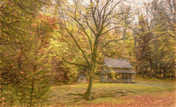 Cades Cove Art Print featuring the photograph Cozy Mountain Log Cabin by Marcy Wielfaert