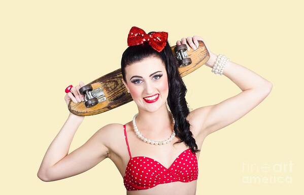 Skateboarding Art Print featuring the photograph Cute pinup skater girl in punk glam fashion by Jorgo Photography