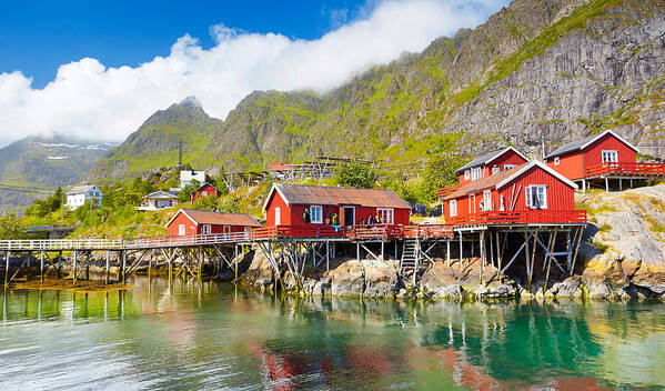 Landscape Art Print featuring the photograph Fishermen Red Wooden Huts Rorbu by Jan Wlodarczyk