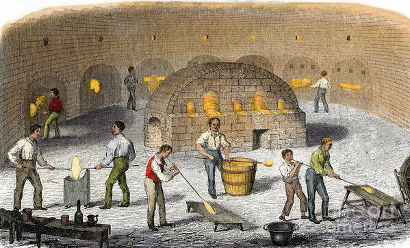 Glass Art Print featuring the drawing Glass Blower In A Factory In England, Early 1800s Colour Engraving Of The 19th Century by American School
