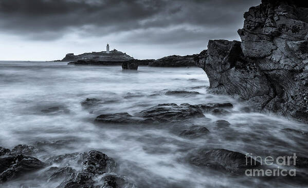 Cornwall Art Print featuring the photograph Godrevy Point Lighthouse, Cornwall, Monochrome by Philip Preston