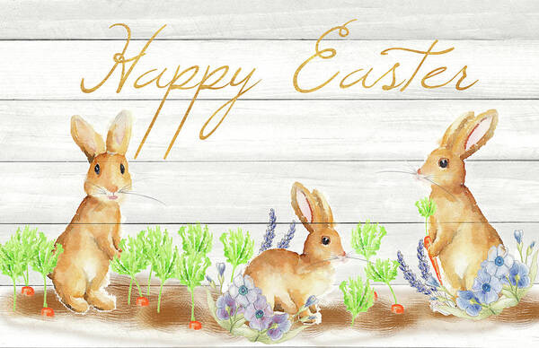 Happy Art Print featuring the mixed media Happy Easter Bunnies (rectangle) by Andi Metz