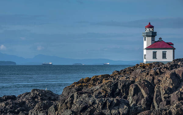 Scenics Art Print featuring the photograph Lighthouse And Distant Ships by Russell Illig