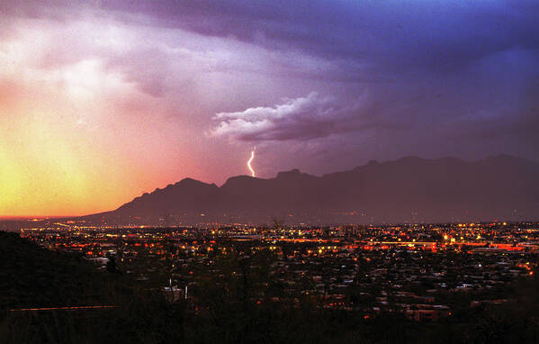 Lightning Art Print featuring the photograph Lightning bolt over the Santa Catalina Mountains and Tucson, Arizona by Chance Kafka
