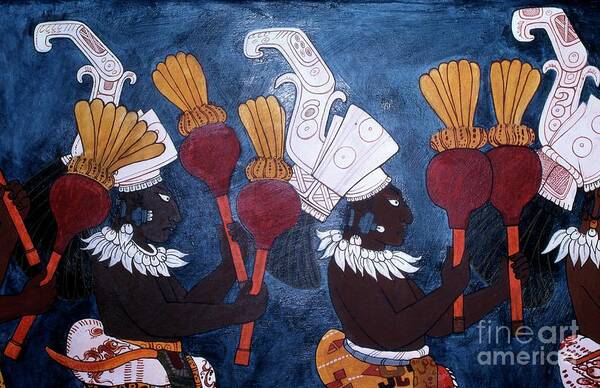 Ceremony Art Print featuring the painting Reproduction Of A Mural Showing Musicians With Rattles During A Ceremony, From The Temple Of Murals, Bonampak by Mayan