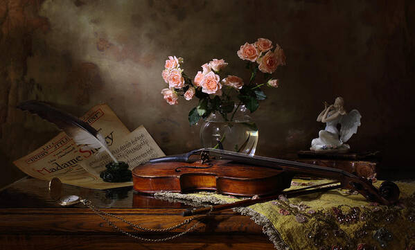 Music Art Print featuring the photograph Still Life With Violin And Roses by Andrey Morozov