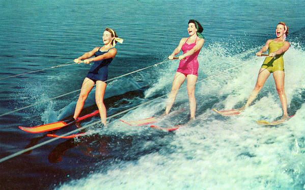 People Art Print featuring the photograph Three Women Waterskiing by Graphicaartis