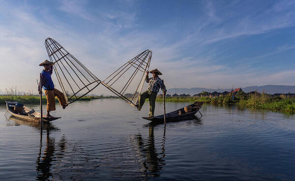 Fisherman Art Print featuring the photograph traditional Intha fishermen raising nets by Ann Moore