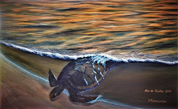 Sea Art Print featuring the painting Turtle Coming Ashore by Torrence Ramsundar