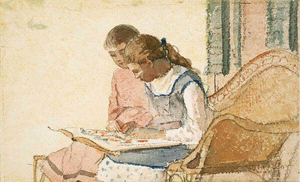 Winslow Homer Art Print featuring the painting Two Girls Looking at a Book by Winslow Homer