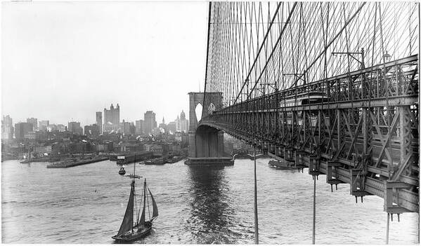 Suspension Bridge Art Print featuring the photograph View Of Lower Manhattan From Brooklyn by The New York Historical Society