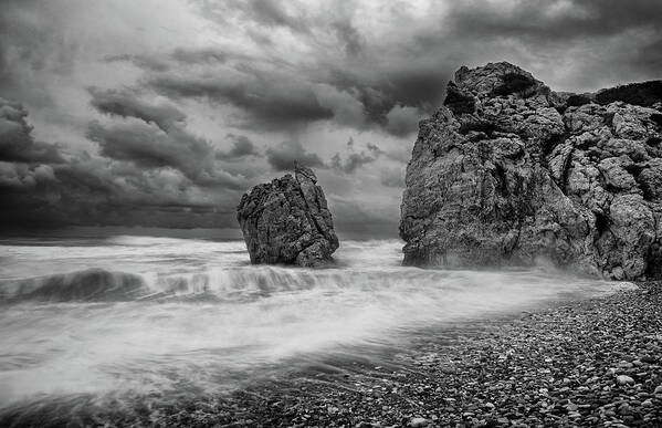 Seascape Art Print featuring the photograph Seascape with windy waves during stormy weather. #1 by Michalakis Ppalis