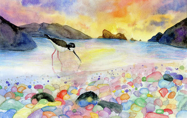 Bird Art Print featuring the mixed media A Bird on Glass Beach by Sophie Han Grade 2 by California Coastal Commission