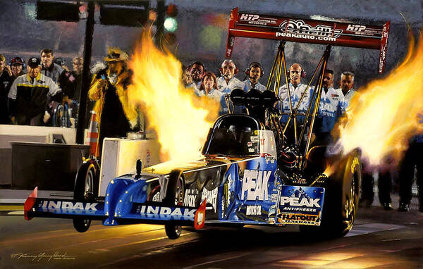 Drag Racing Nhra Top Fuel Funny Car John Force Kenny Youngblood Nitro Champion March Meet Images Image Race Track Fuel Tj Zizzo Art Print featuring the painting AmaZZing by Kenny Youngblood