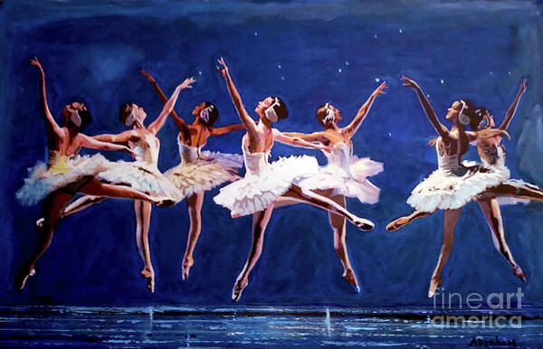 Dancing Art Print featuring the painting Ballerinas by Jose Manuel Abraham