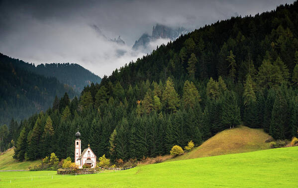 Dolomite Mountains Art Print featuring the photograph Beautiful small Alpine church in Italy. by Michalakis Ppalis