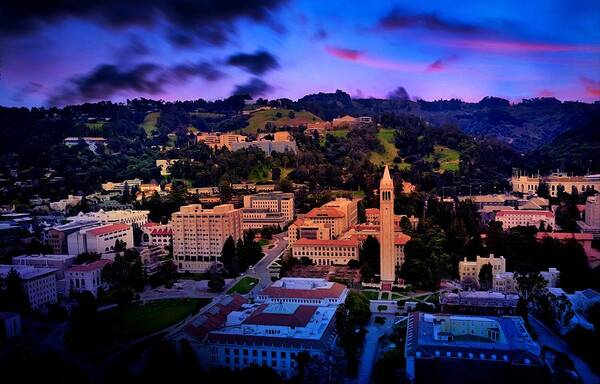 Berkeley Art Print featuring the digital art Berkeley University of California campus - aerial at sunset by Nicko Prints