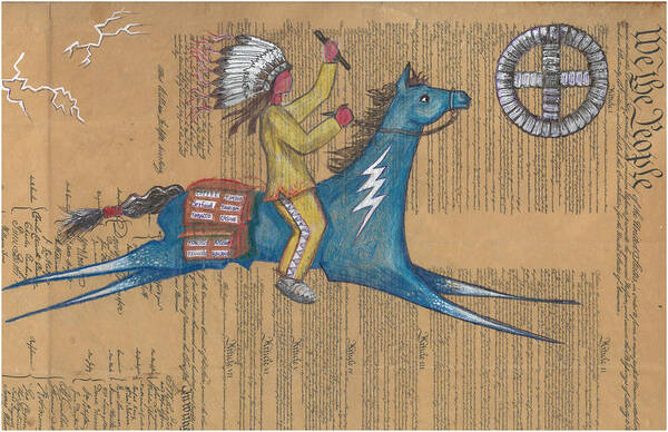 Ledger Art Art Print featuring the drawing Blue Pony on Constitution by Robert Running Fisher Upham