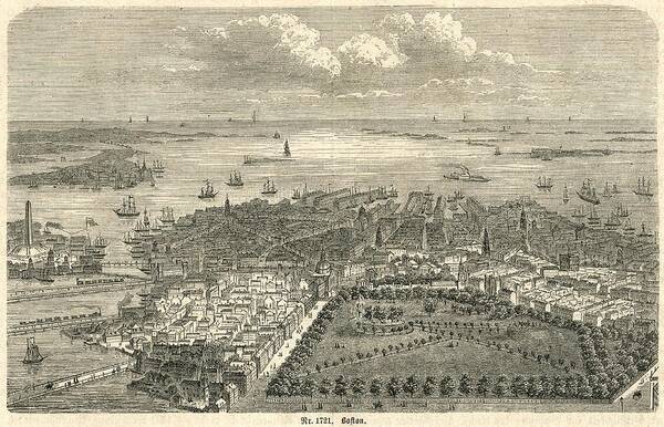 Plan Art Print featuring the drawing Boston Harbor looking out to sea 19th century engraving by Whiteway