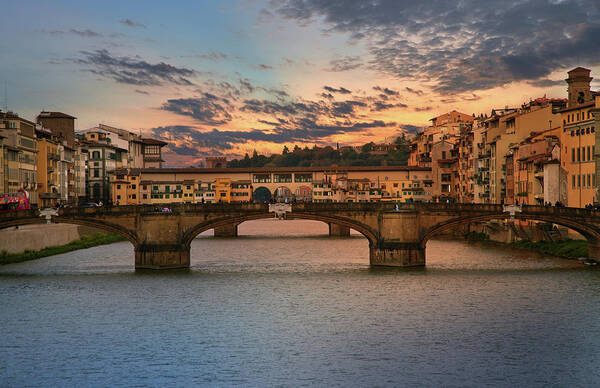 Florence Art Print featuring the photograph Bridges of Arno River at Sunset in Florence Italy by Lily Malor