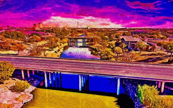 Concho River Art Print featuring the digital art Bridges over the Concho River in San Angelo at sunset - digital painting by Nicko Prints