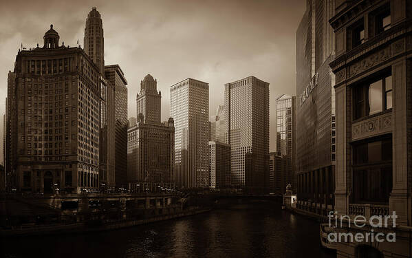 Chicago Art Print featuring the photograph Chicago Downtown Sepia Panoramic by Edward Fielding