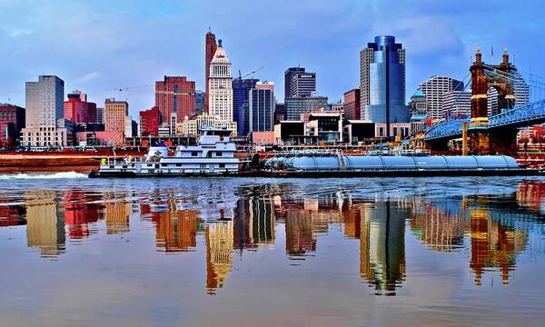 Cincinnati Art Print featuring the photograph Cincinnati Barge and Reflection by Frozen in Time Fine Art Photography