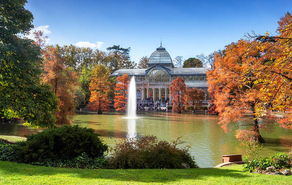 Scenics Art Print featuring the photograph crystal palace in Parque del Retiro at autumn, Madrid by Eloi_Omella