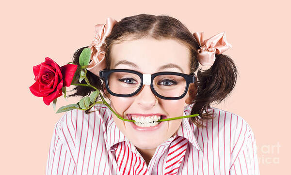 Funny Art Print featuring the photograph Cute Smiling Woman Wearing Nerd Glasses With Rose by Jorgo Photography
