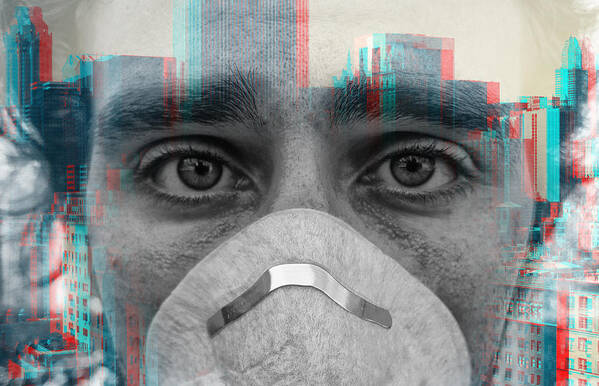 Young Men Art Print featuring the photograph Double exposure portrait of face of young man wearing face mask against virus epidemic and a New York City skyline by Busà Photography