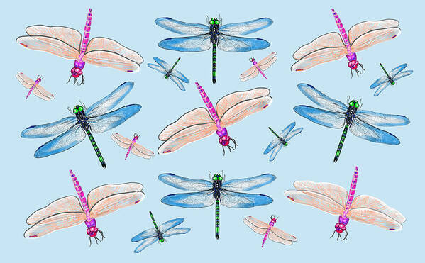 Dragonflies In Blue Sky By Judy Link Cuddehe Art Print featuring the mixed media Dragonflies in Blue Sky by Judy Link Cuddehe