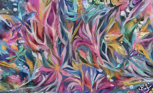 Abstract Flowers Art Print featuring the digital art Dragonflies in the Garden by Jean Batzell Fitzgerald
