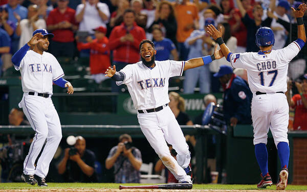 Ninth Inning Art Print featuring the photograph Elvis Andrus and Shin-soo Choo by Tom Pennington