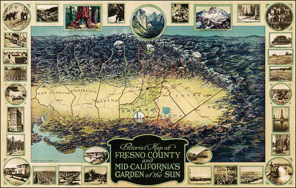 Fresno Art Print featuring the photograph Fresno California Vintage Pictorial Map Birds Eye View 1923 by Carol Japp