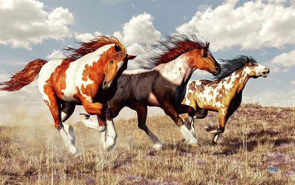 Gallop Art Print featuring the digital art Galloping Mustangs by Daniel Eskridge