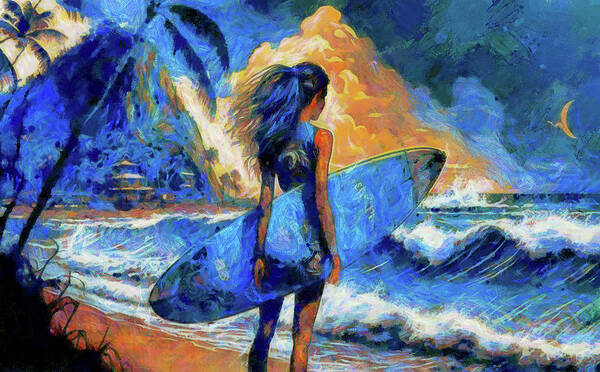 Girl With Surfboard Checking Swell Art Print featuring the digital art Girl with Surfoard Checking Swell by Caito Junqueira