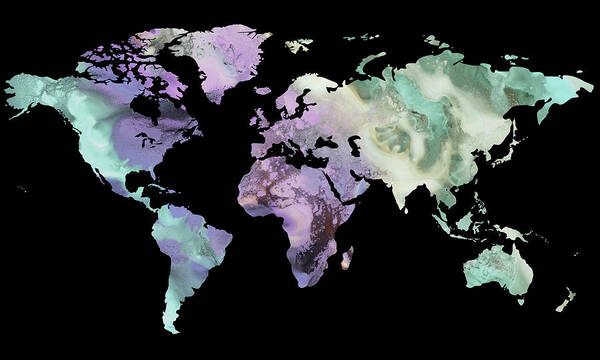 World Map Art Print featuring the painting Gray Purple Marble Stone World Map Watercolor Silhouette by Irina Sztukowski