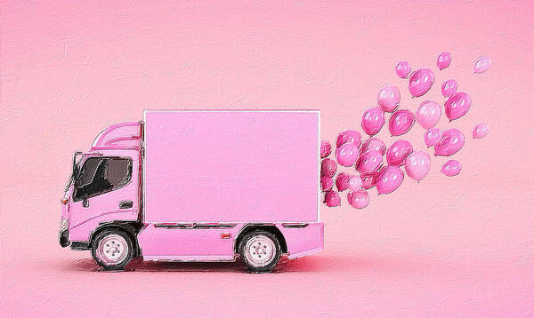 Balloon Art Print featuring the painting Happy Pink Balloons Truck by Tony Rubino