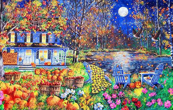 Harvest Moon Featuring A Full Moon On A Halloween Evening Art Print featuring the painting Harvest Moon by Diane Phalen