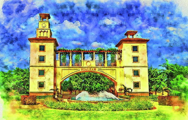 Hialeah Fountain Art Print featuring the digital art Hialeah Fountain and Entrance Plaza Park - pen and watercolor by Nicko Prints