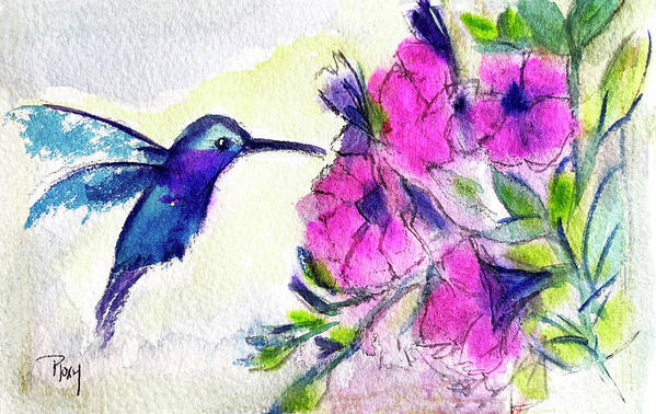 Hummingbird Art Print featuring the painting Hummingbird at the Pink Flowers by Roxy Rich