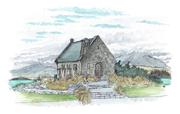 New Zealand Art Print featuring the painting Lake Tekapo - Church of the Good Shepherd 2022 by Tom Napper