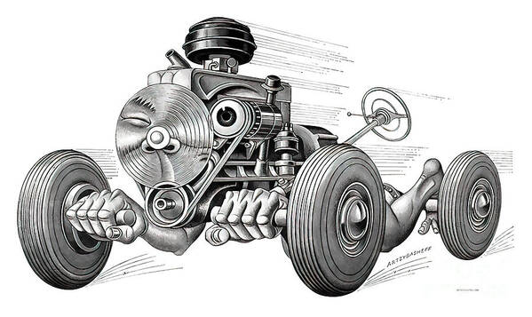 1950s Art Print featuring the drawing Living Machine speeding chassis ca. 1950, part of a series by Boris Artzybasheef