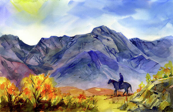 Eastern Sierra Art Print featuring the painting Lone Horseman by Joan Chlarson