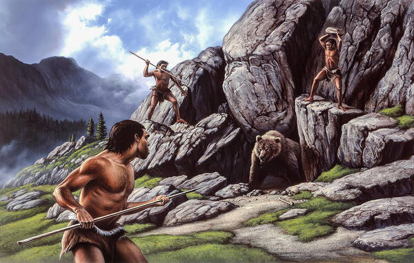 Pleistocene Art Print featuring the painting Neanderthal Hunt by Jerry LoFaro