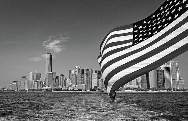 New York Art Print featuring the photograph New York City Manhattan Skyline Ferry Flag Black and White by Christopher Arndt