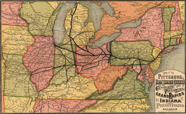 Rails Art Print featuring the drawing Pittsburgh Fort Wayne and Chicago Cleveland and Pittsburgh Grand Rapids and Indiana and Pennsylvania by Vintage Railroad Maps