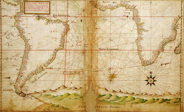 Maps Art Print featuring the drawing Portuguese Navigational Map of the South Atlantic 1630 by Vintage Maps